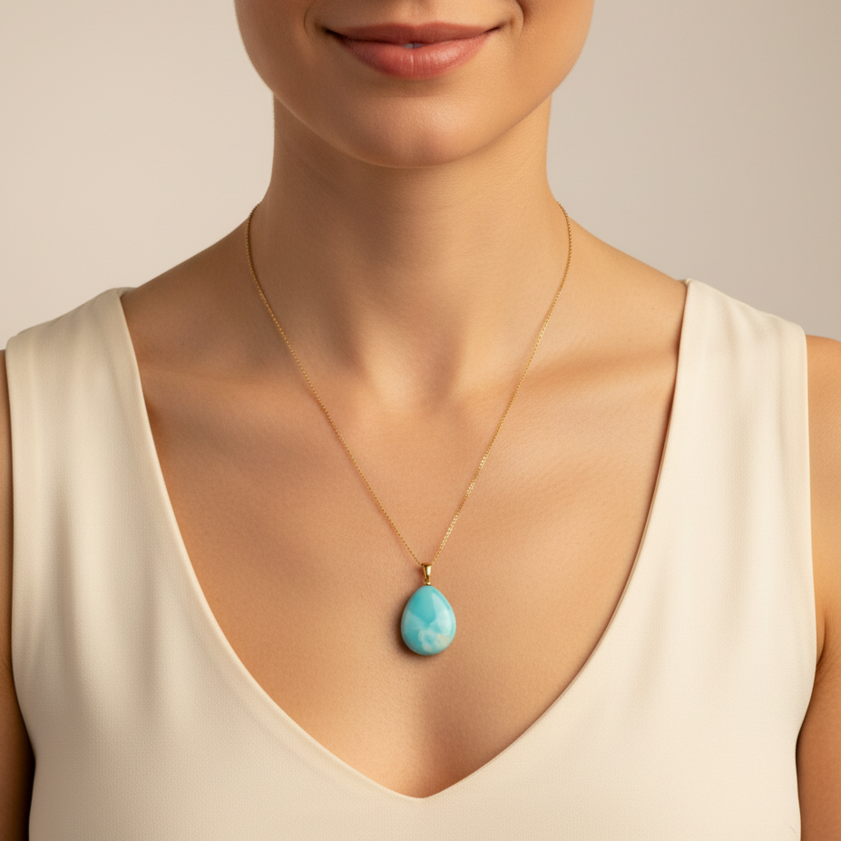 Eine Frau mit cremeweißem Top trägt eine Halskette aus 585 Gold und einen Edelsteinanhänger aus Larimar