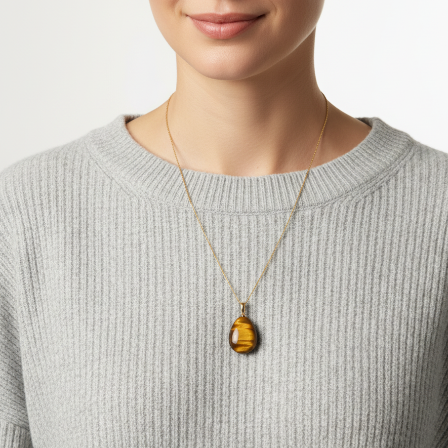 Frau mit grauem Pullover trägt eine Halskette aus 585 Gold mit einem Edelsteinanhänger Tigerauge als glatte Briolette Form 29mm