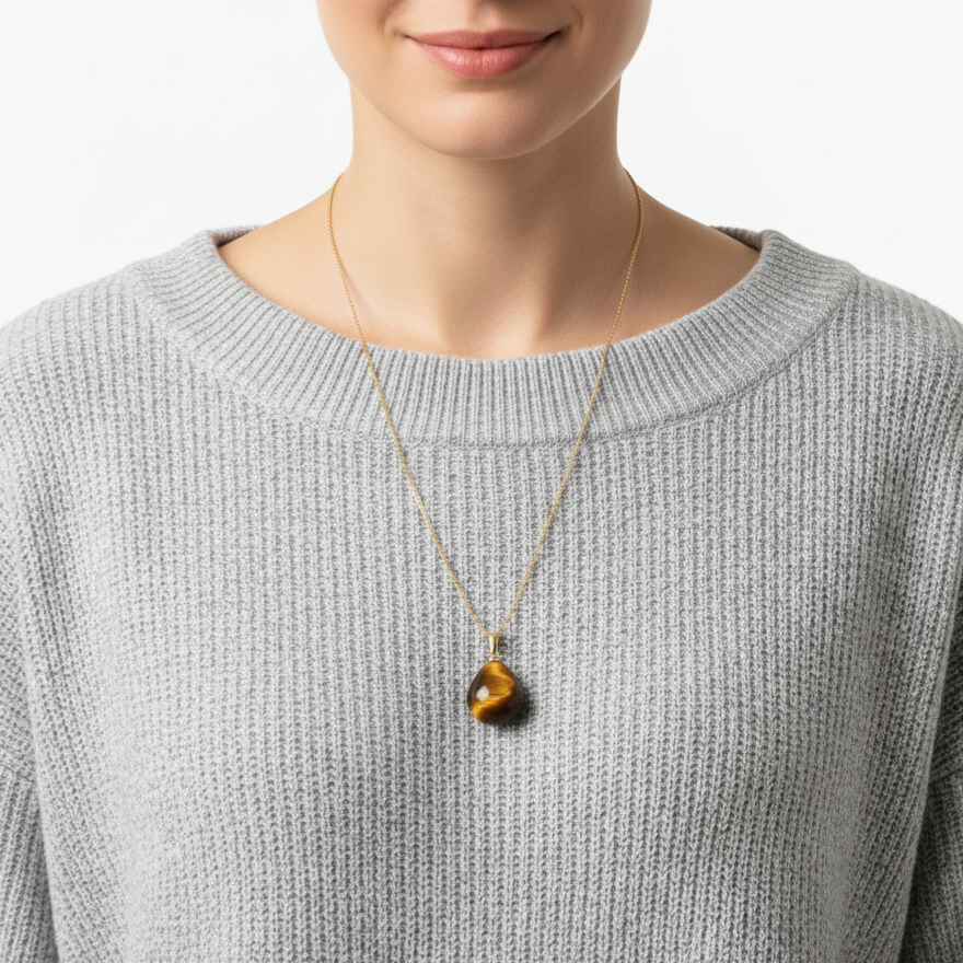 Frau mit grauem Pullover trägt eine Halskette aus 585 Gold mit einem Edelsteinanhänger Tigerauge in Tropfen/Pampel Form 24mm